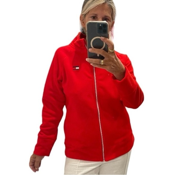 Tommy Hilfiget Red Fleece Zipper Down Jacket.Size L - Picture 1 of 15